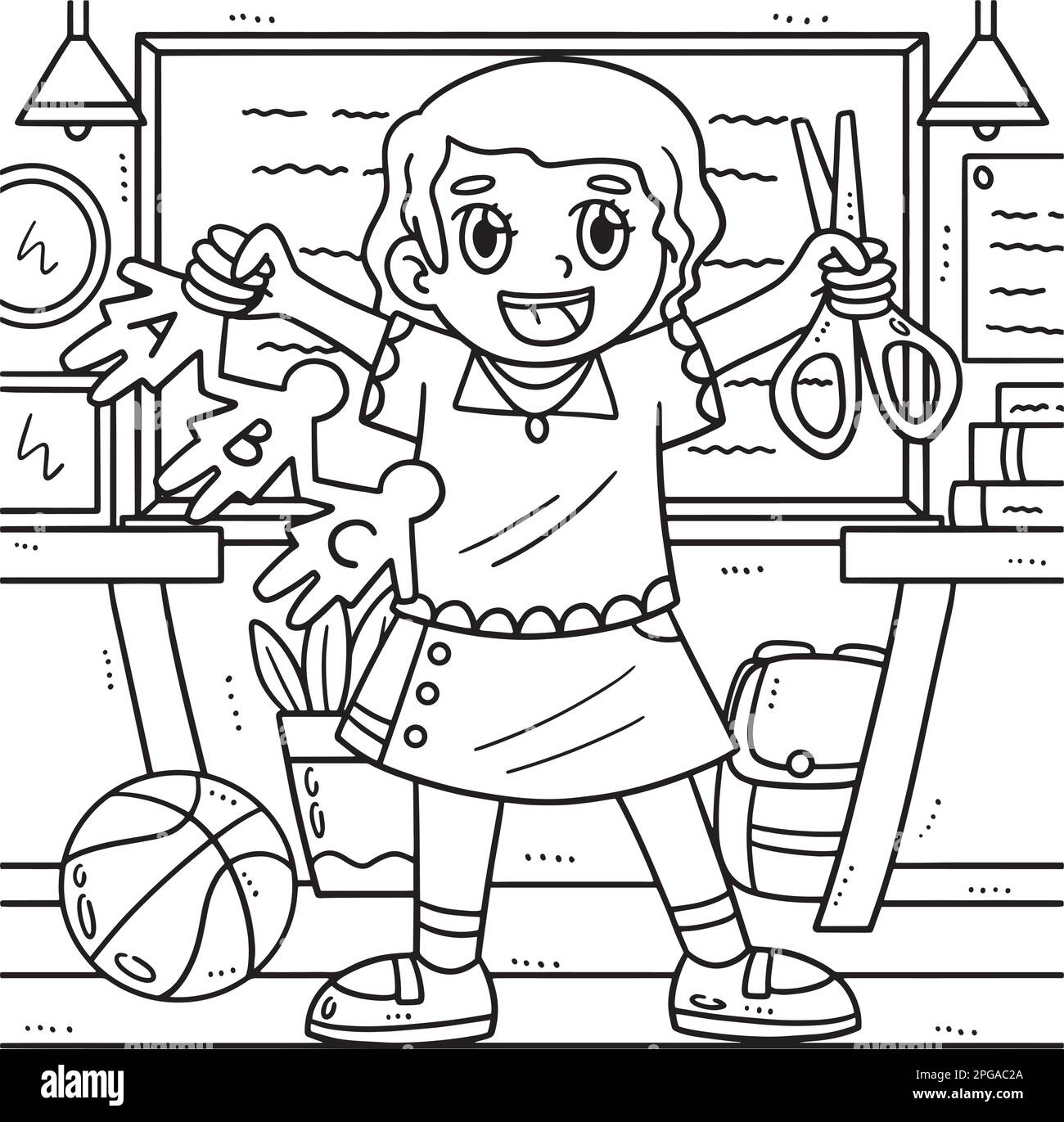 Back to school child with scissors coloring page stock vector image art