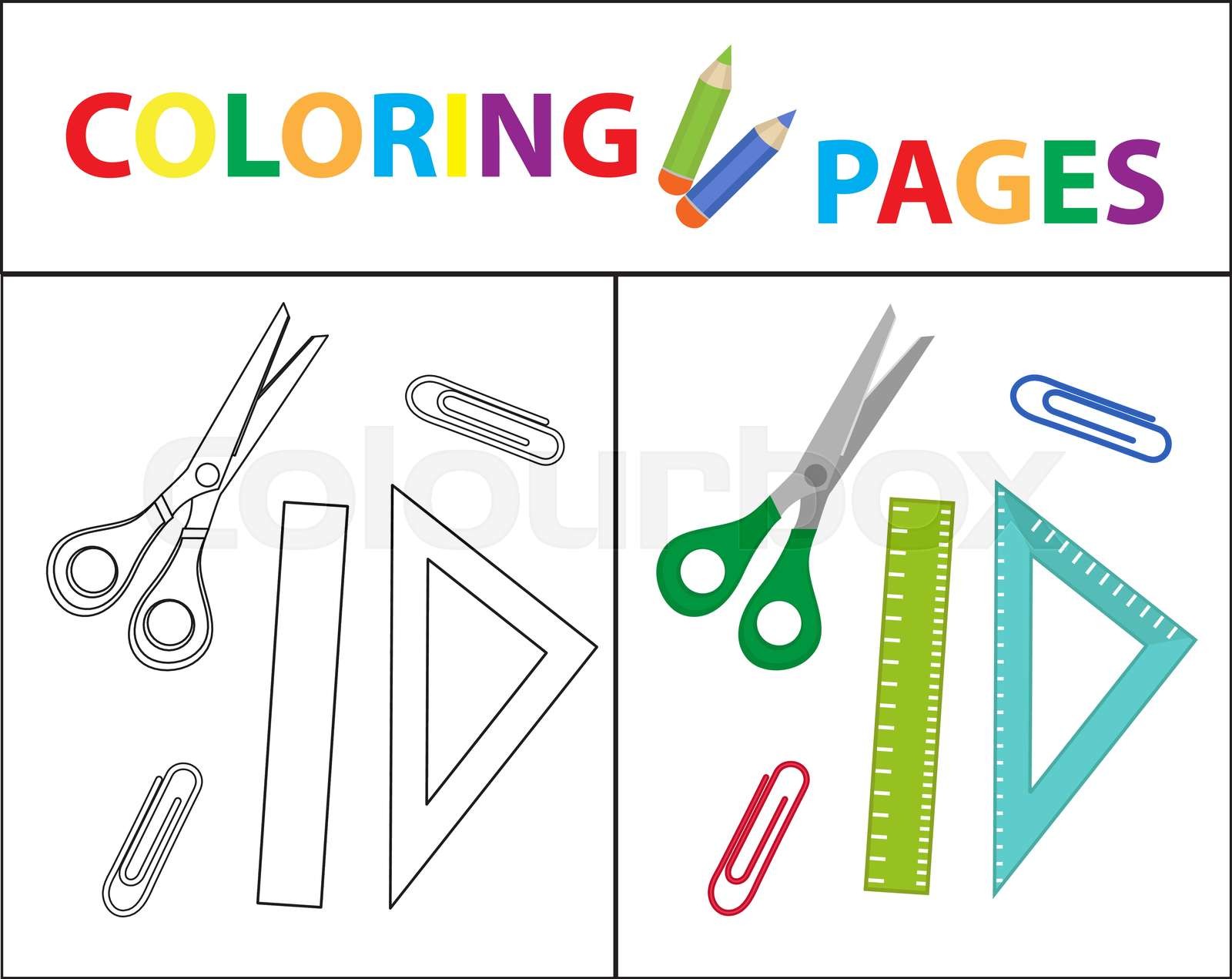 Coloring book page back to school set scissors ruler paperclips sketch outline and color version coloring for kids childrens education vector illustration stock vector