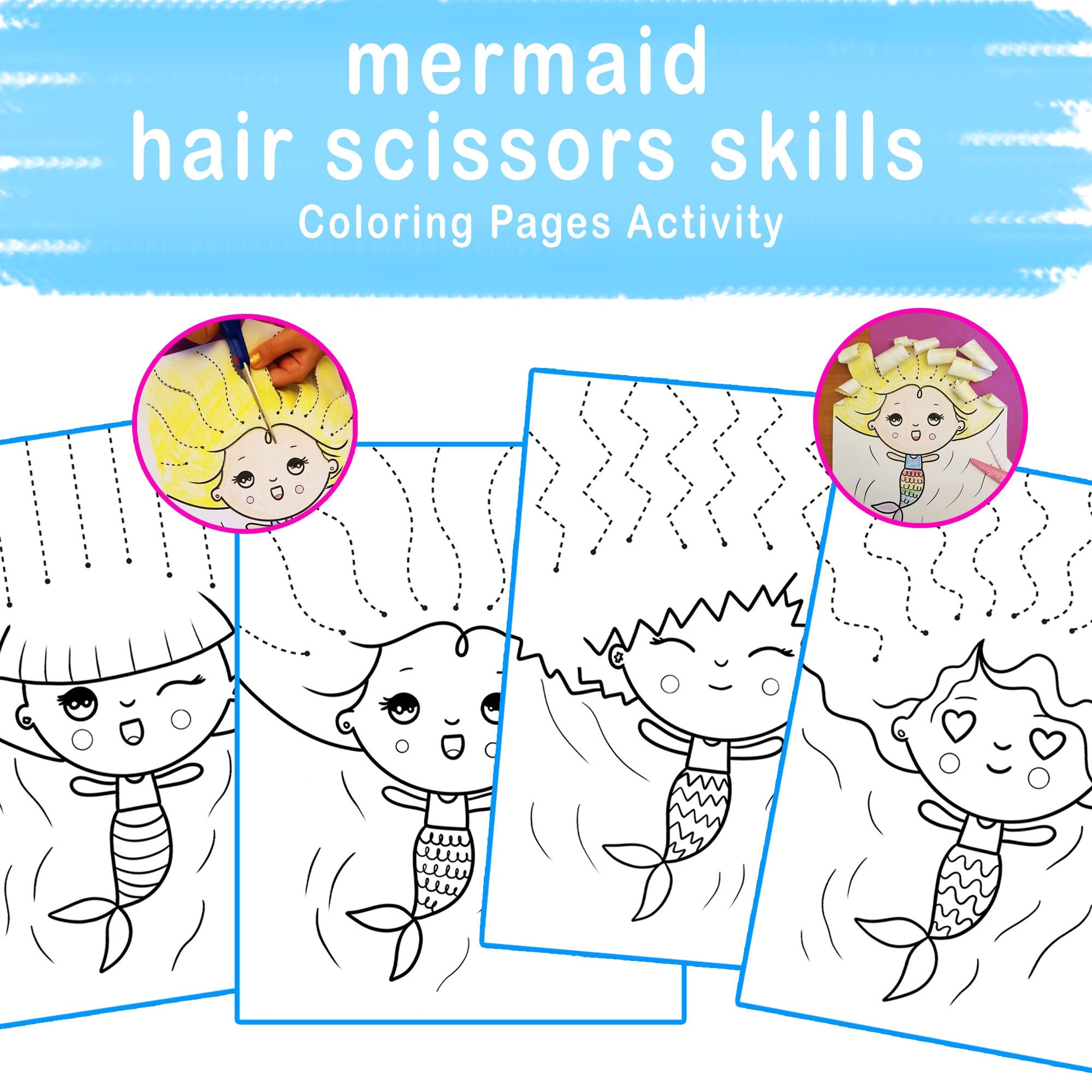 Kids activities coloring pages mermaid hair scissors skills pre