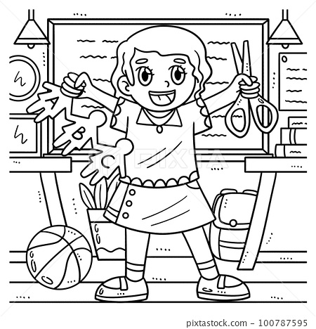 Back to school child with scissors coloring page