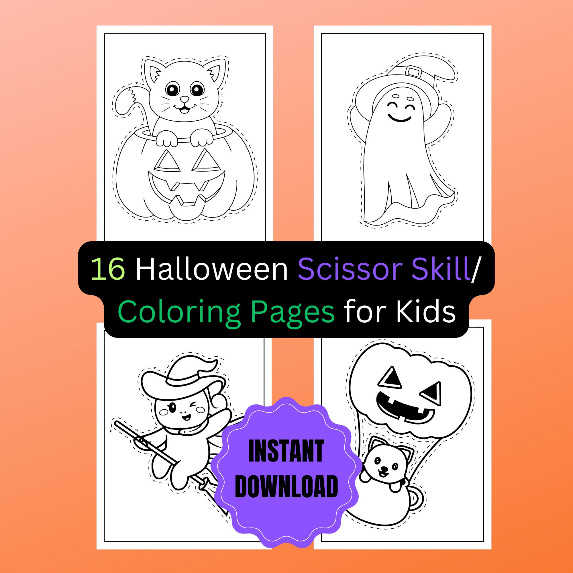 Halloween scissor skills and coloring pages for kids printable halloween activities halloween sheets instant download