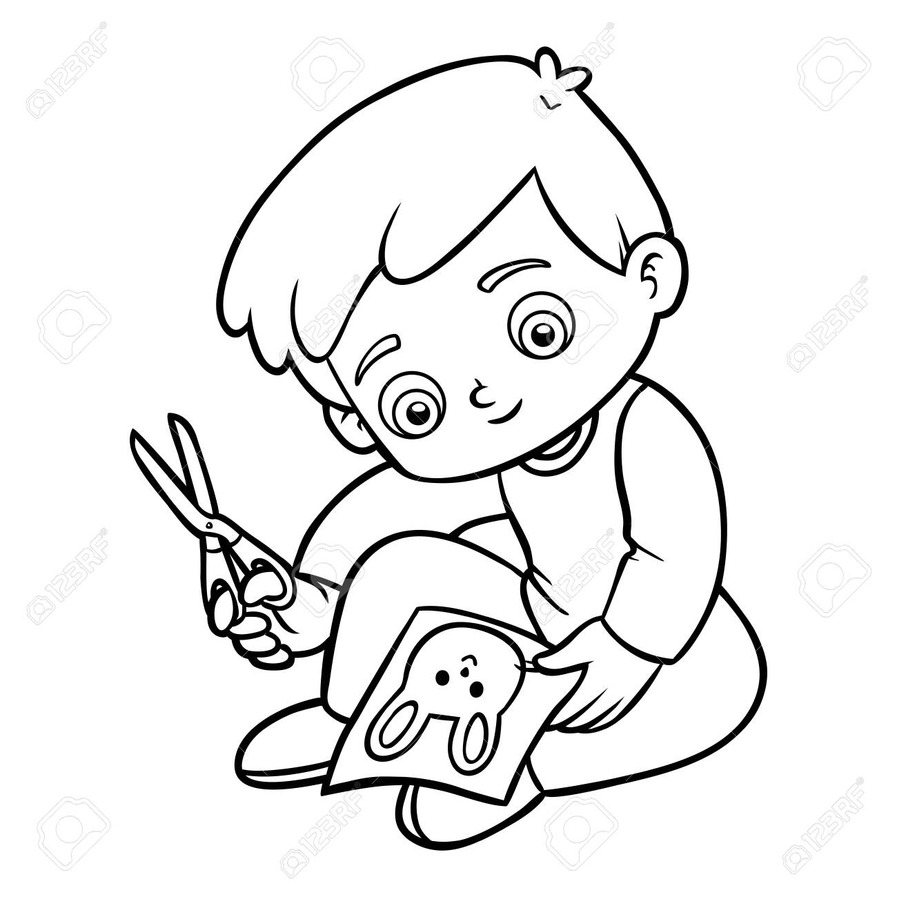 Coloring book for children boy cuts a picture with scissors royalty free svg cliparts vectors and stock illustration image