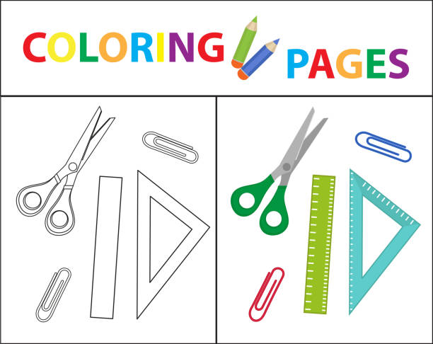 Coloring book page back to school set scissors ruler paperclips sketch outline and color version coloring for kids childrens education vector illustration stock illustration