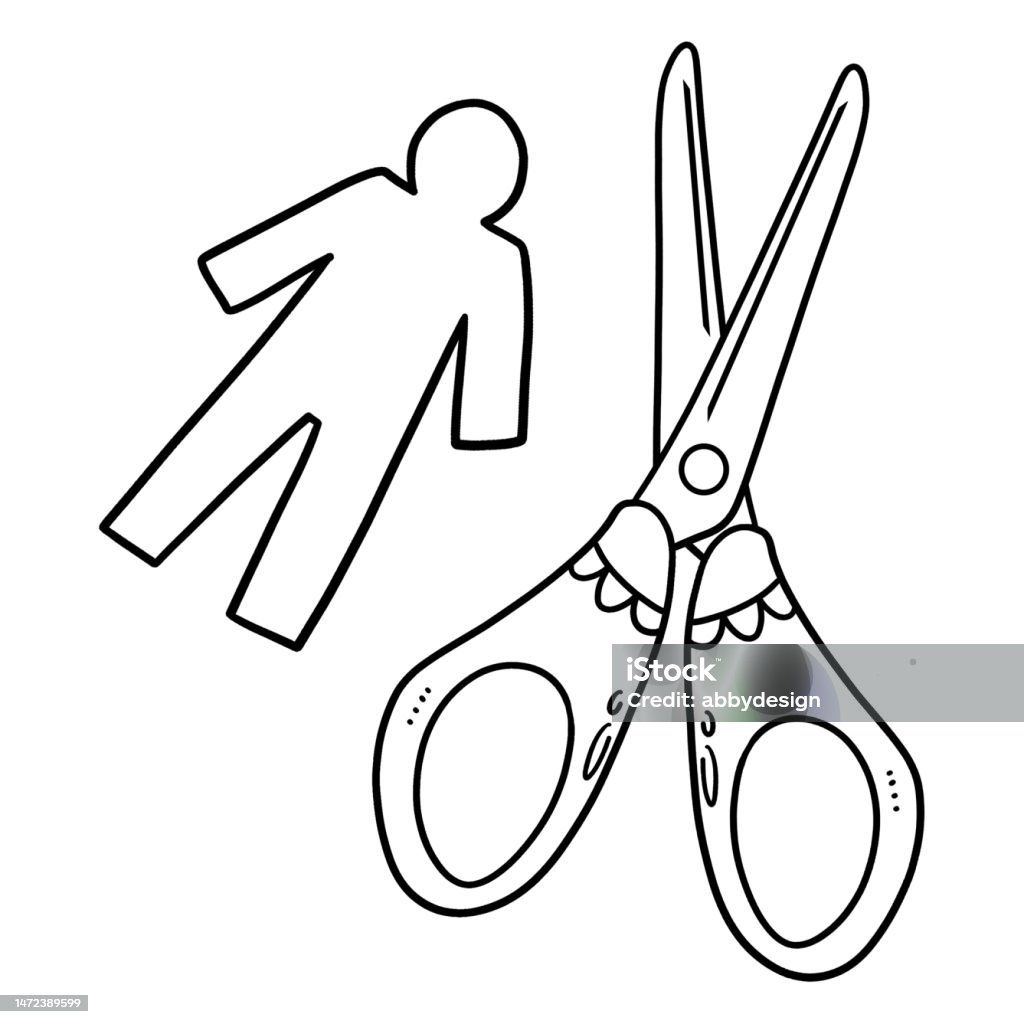 Scissors and paper doll isolated coloring page stock illustration