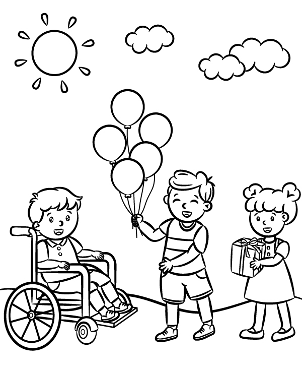 Coloring page disabled child with friends