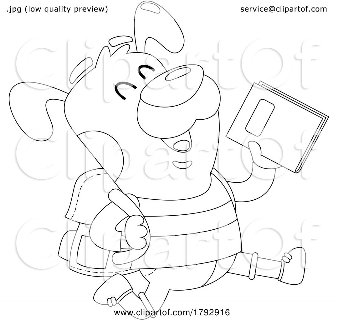 Cartoon black and white clipart dog student running by hit toon