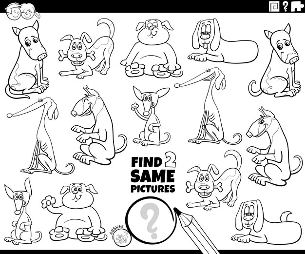 Premium vector black and white cartoon illustration of finding two same pictures educational game with ic dogs animal characters coloring page