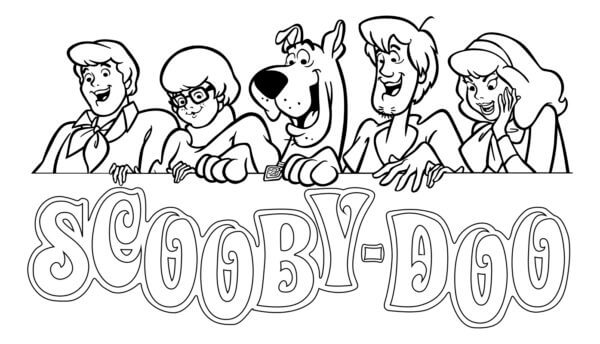 Scooby doo and friends with logo coloring page