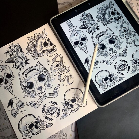 Skull tattoo flash inspired colouring pages svg digital download art printsadult coloring pages