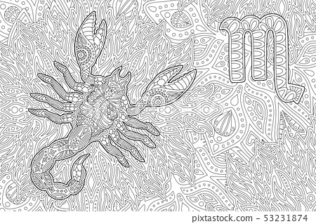 Coloring book page with zodiac sign scorpio