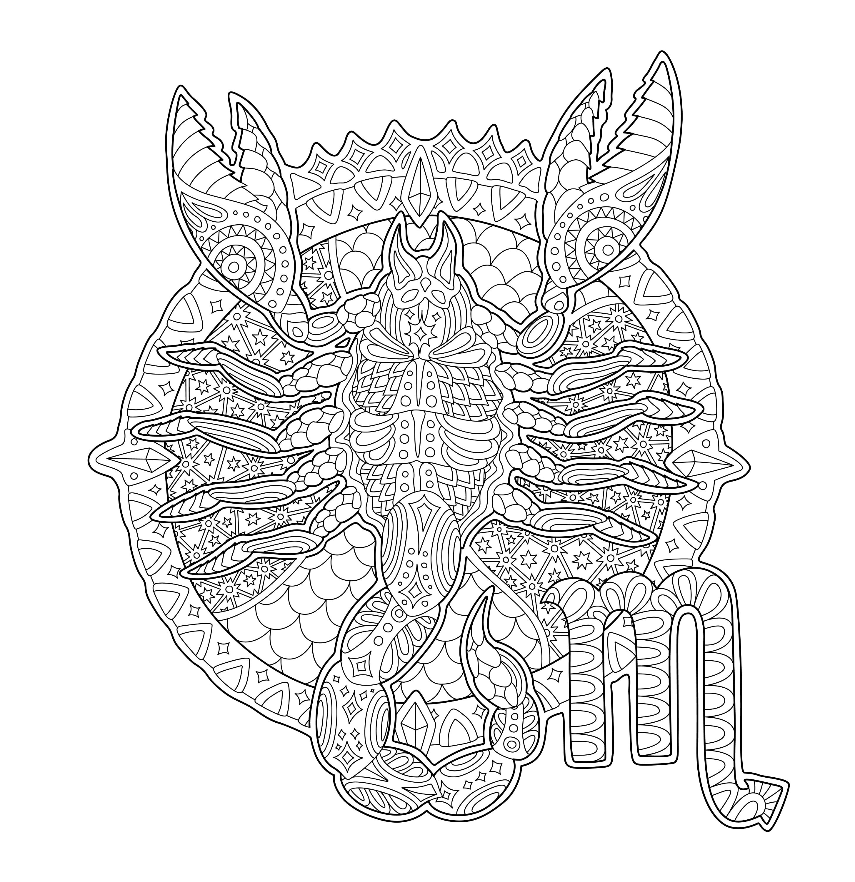 Scorpio zodiac digital printable coloring page medium difficulty