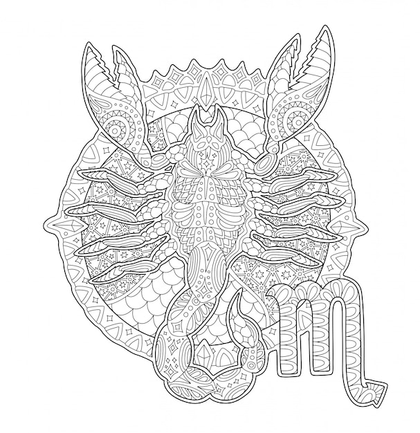 Premium vector coloring book page with scorpion and zodiac sign