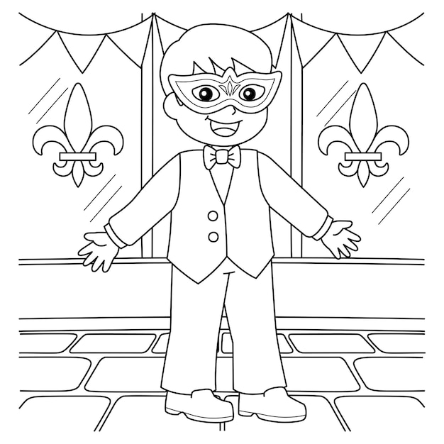 Premium vector mardi gras boy with mask coloring page for kids