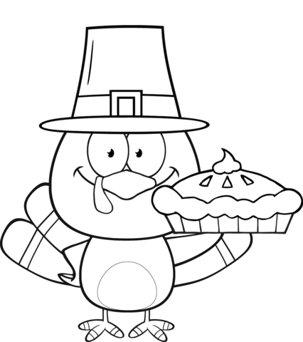 Cute pilgrim turkey holding a pie coloring page free printable coloring pages