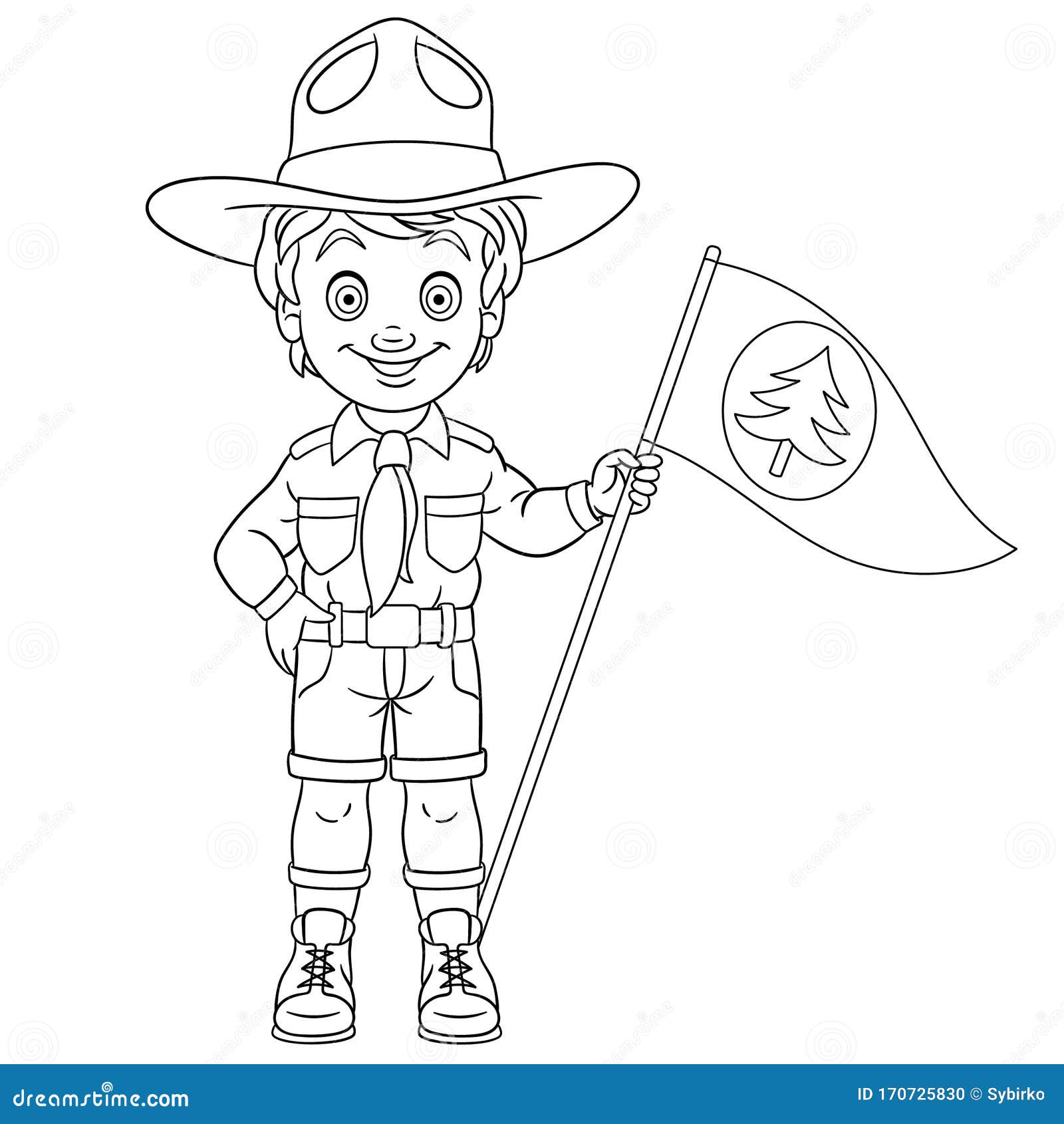 Coloring page with happy boy scout stock vector