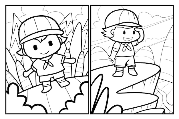 Premium vector funny boy scout cartoon coloring page