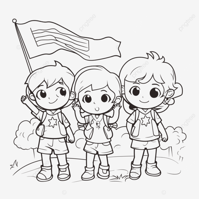 Scout coloring page two kids with flags outline sketch drawing vector wing drawing flag drawing ring drawing png and vector with transparent background for free download