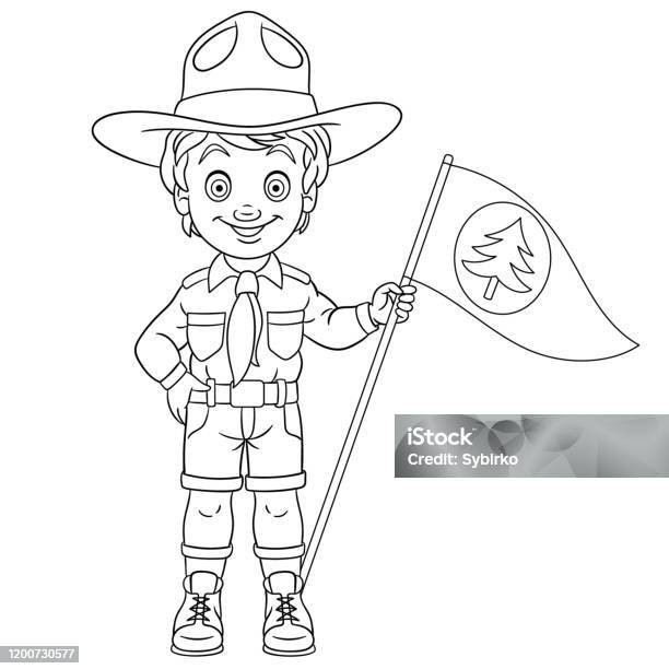 Coloring page of cartoon happy boy scout stock illustration