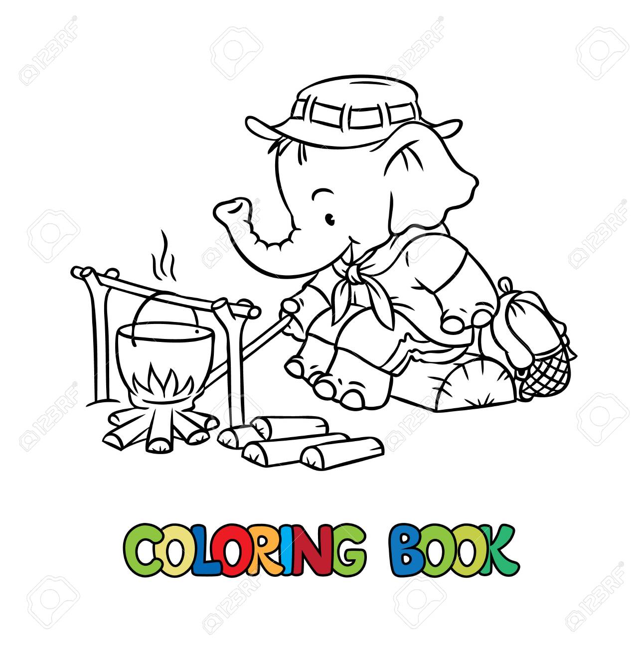 Scouting funny baby elephant scout cooking dinner over a campfire coloring book children vector illustration of hiking recreation tourists characters camping adventure royalty free svg cliparts vectors and stock illustration image