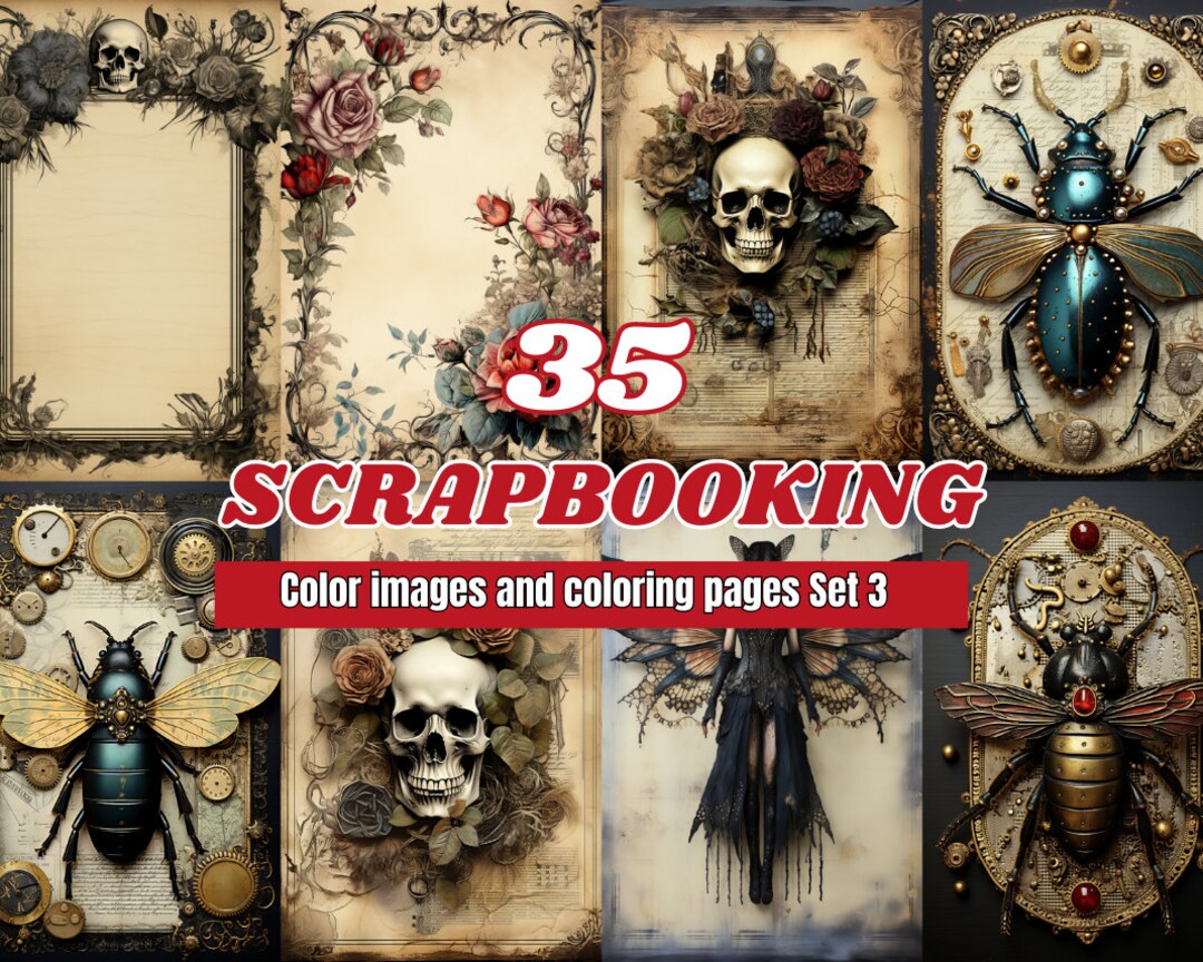 Scrapbooking color images grayscale coloring pages set ephemera gothic junk journal kit printable pdf instant download