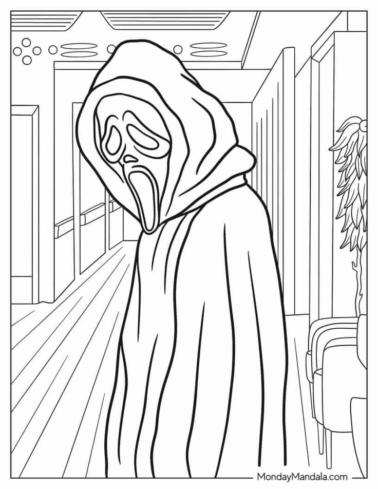 Michael myers walking in haddonfield on october halloween night coloring sheet for adults in halloween coloring pictures creepy pictures michael myers