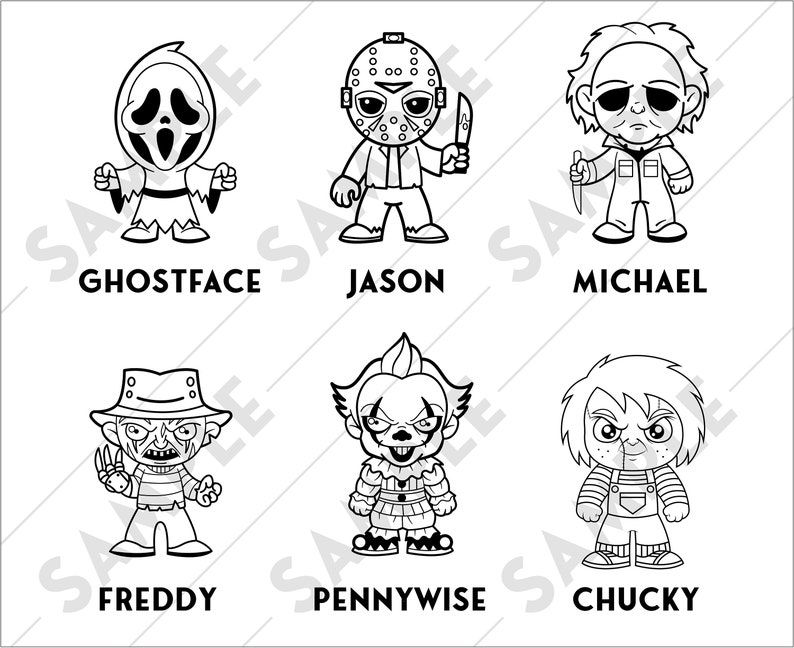 Halloween horror movie killers chibi characters scream jason voorhees michael myers freddy krueger pennywise and chucky