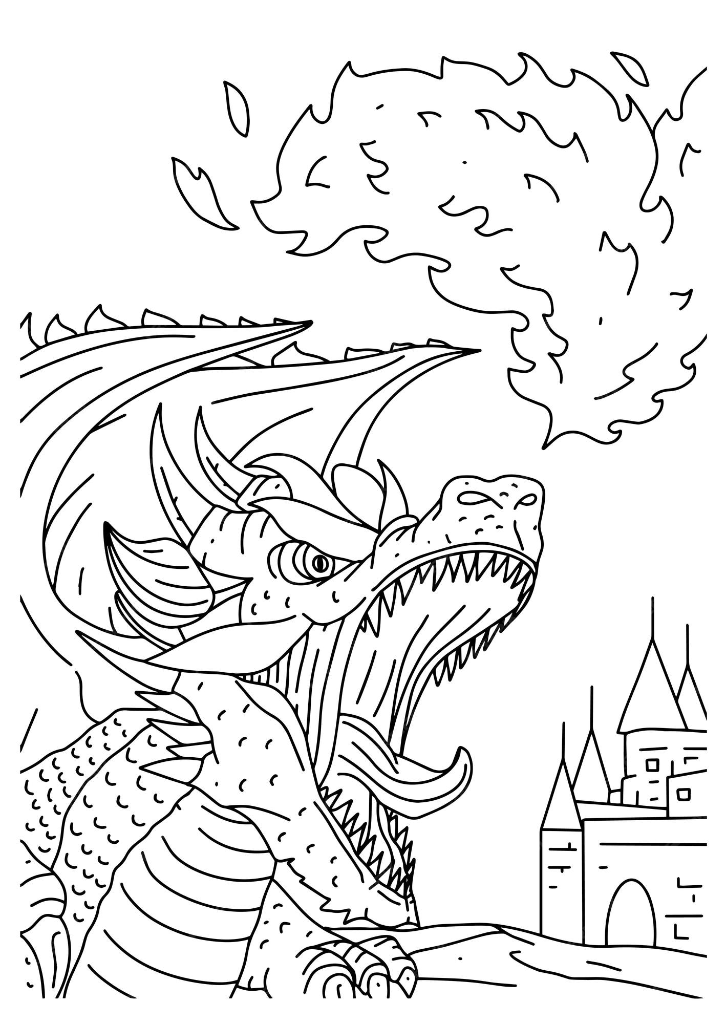 Premium vector children coloring book page dragon scream on the castle