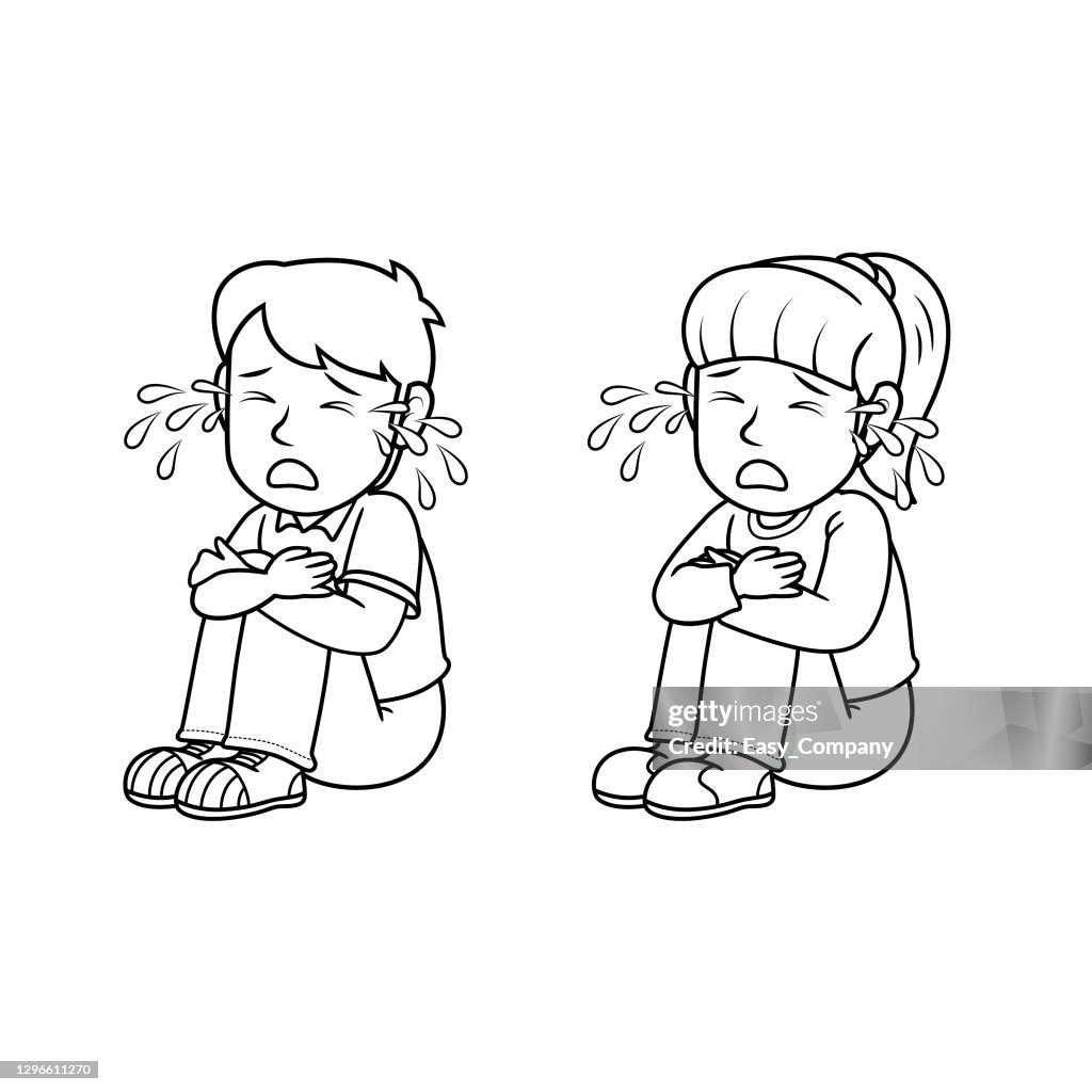 A couple of boy and girl sitting and hugging their knees while crying with lots of tears only black and white for kids coloring pageused to pose teaching materials in a set