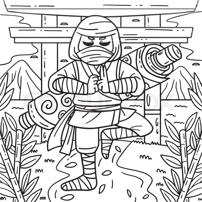 Ninja with a scroll on back coloring page for kids stock vector