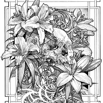 Skull with lilies and scroll