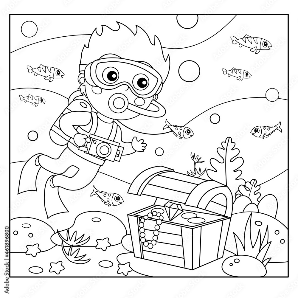 Coloring page outline of cartoon little boy scuba diver with chest of treasure marine photography or shooting underwater world coloring book for kids vector