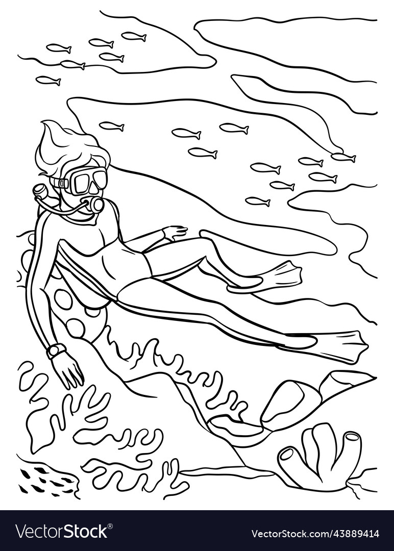 Scuba diving coloring page for kids royalty free vector