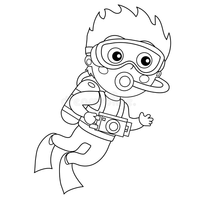 Coloring page outline of cartoon little boy scuba diver marine photography or shooting underwater world stock vector