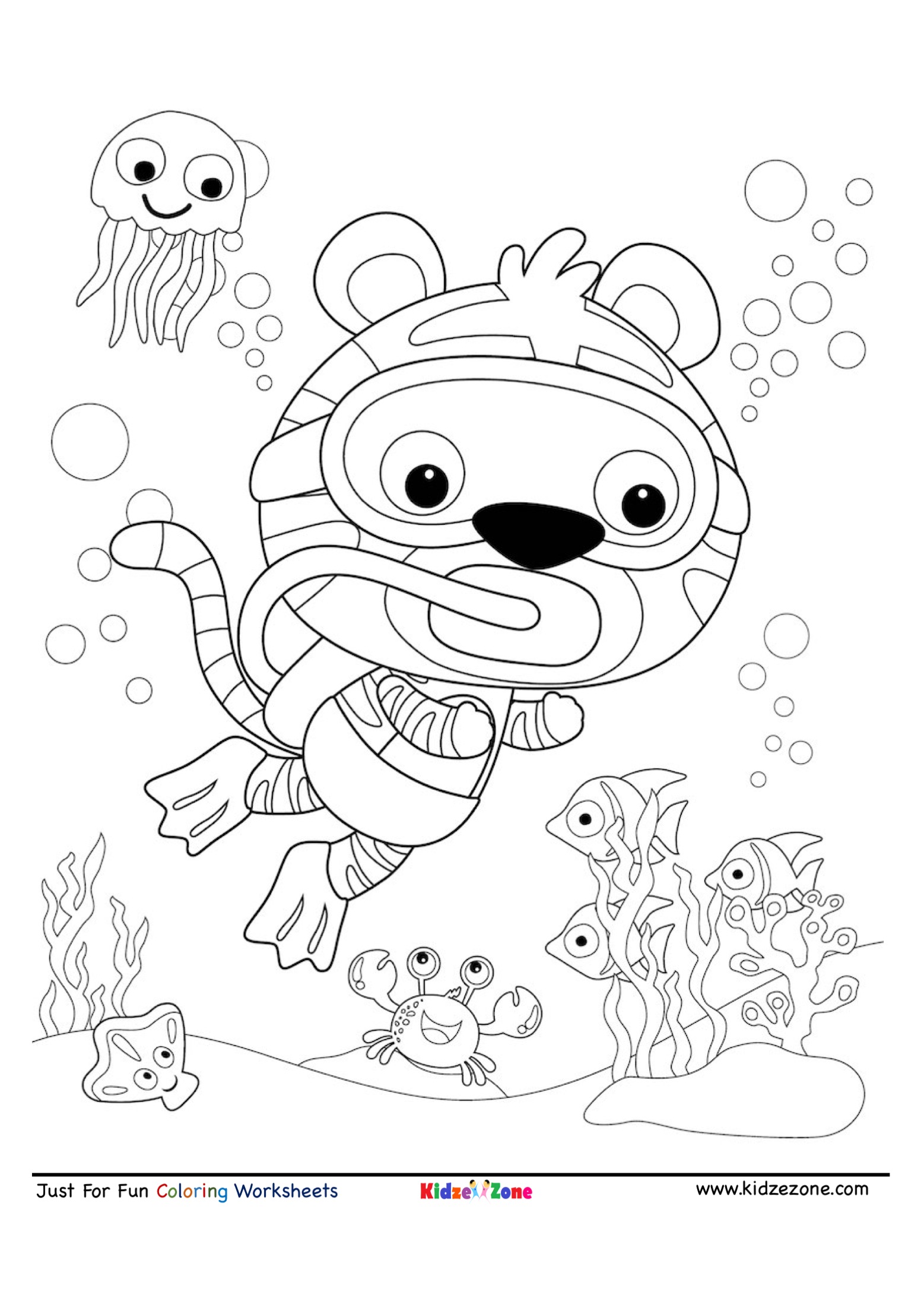 Tiger under water scuba diving coloring page