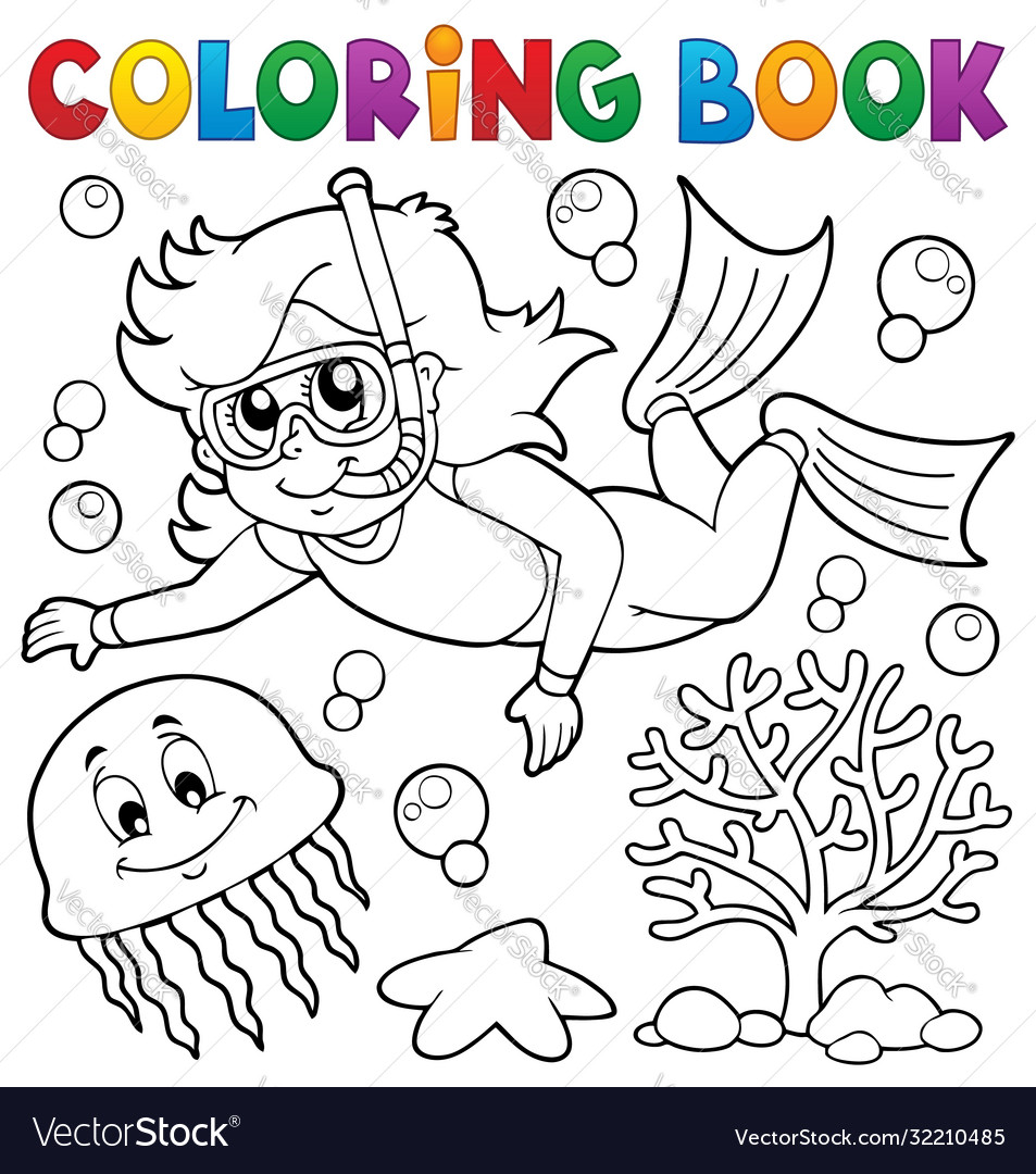 Coloring book girl snorkel diver royalty free vector image