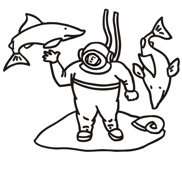 Shark coloring page diver surrounded by sharks