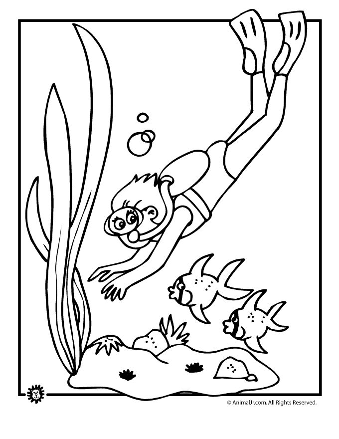 Explore the underwater world with these scuba diving coloring pages