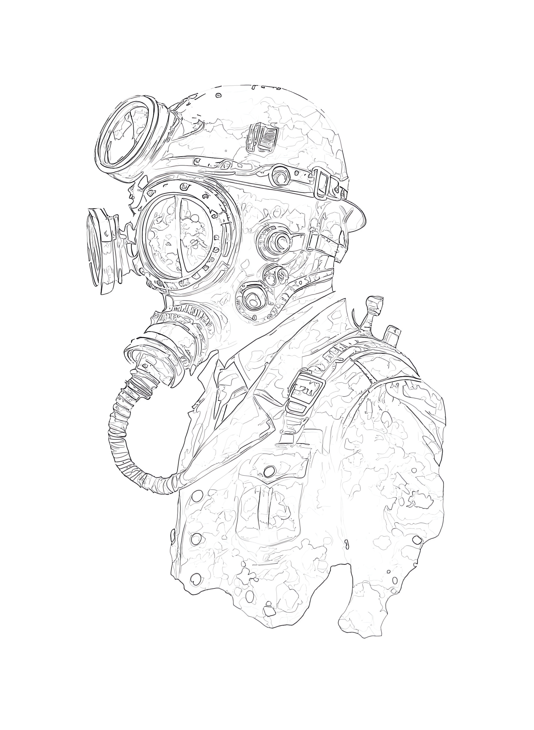 Scuba diver steampunk coloring page