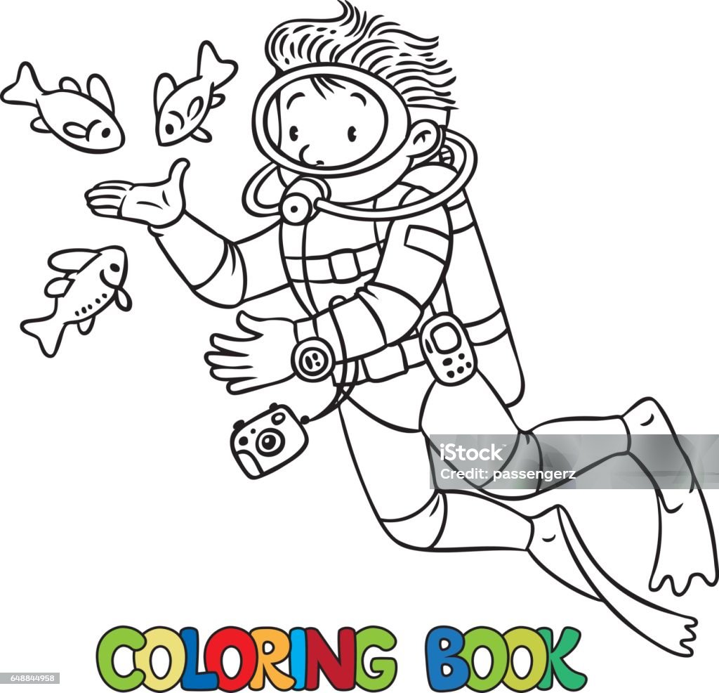 Funny oceanographer or diver coloring book stock illustration