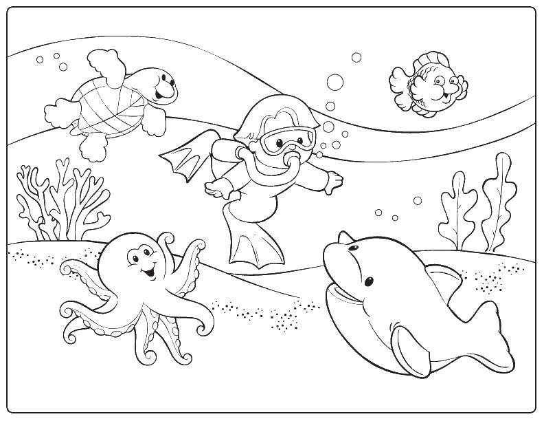 Online coloring pages diver coloring scuba diver and underwater inhabitants coloring