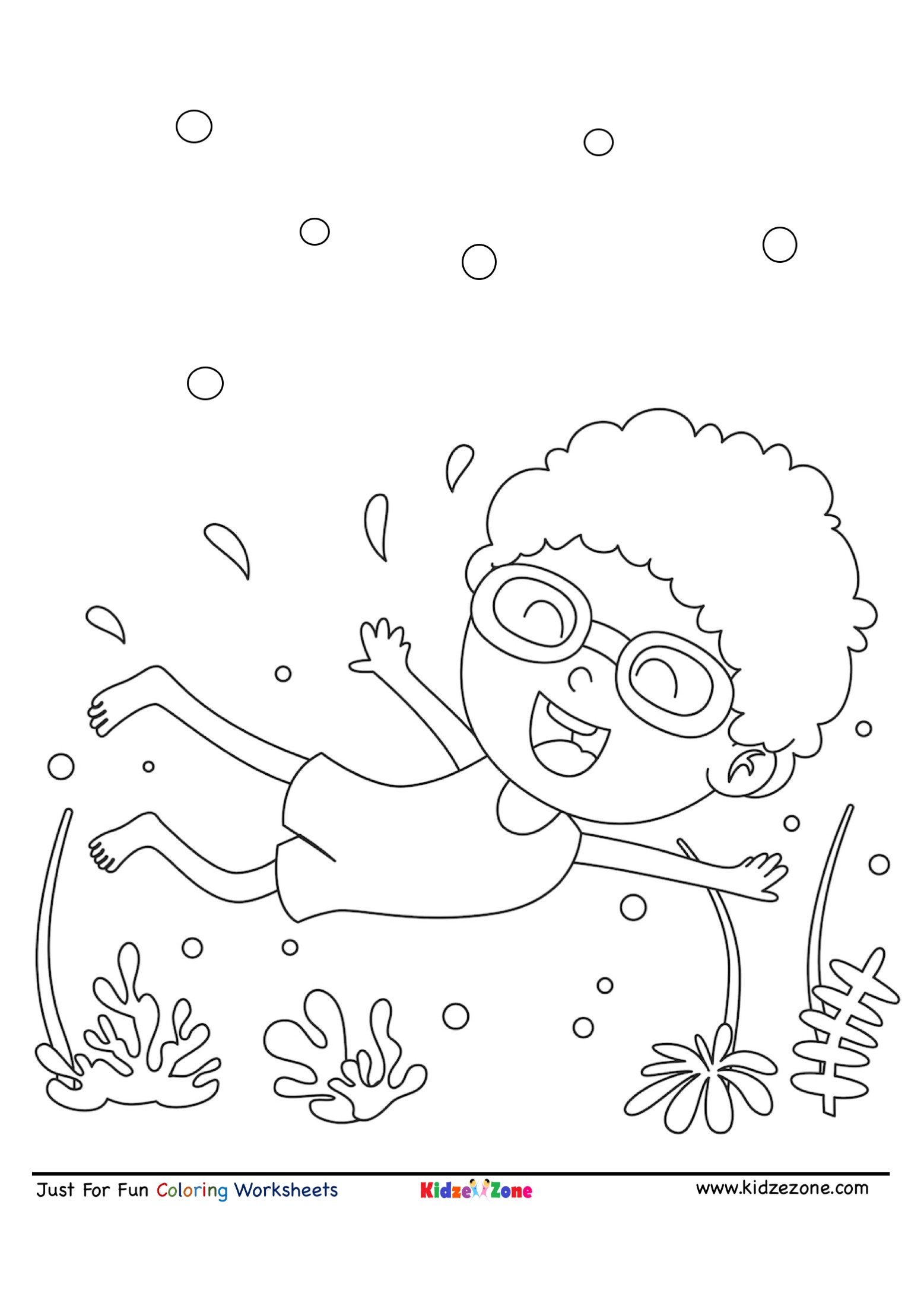 Kid scuba diving cartoon coloring page