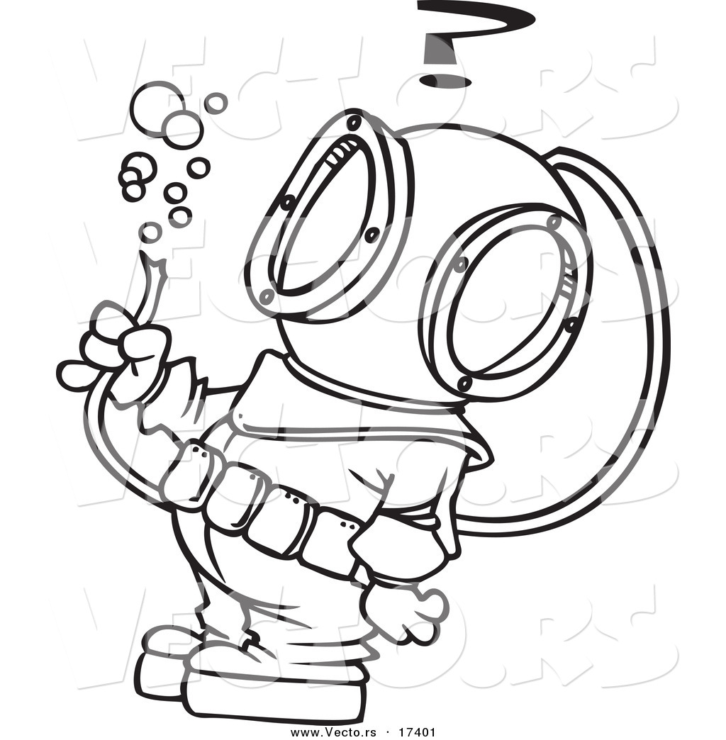 R of a cartoon diver looking at a hose with bubbles