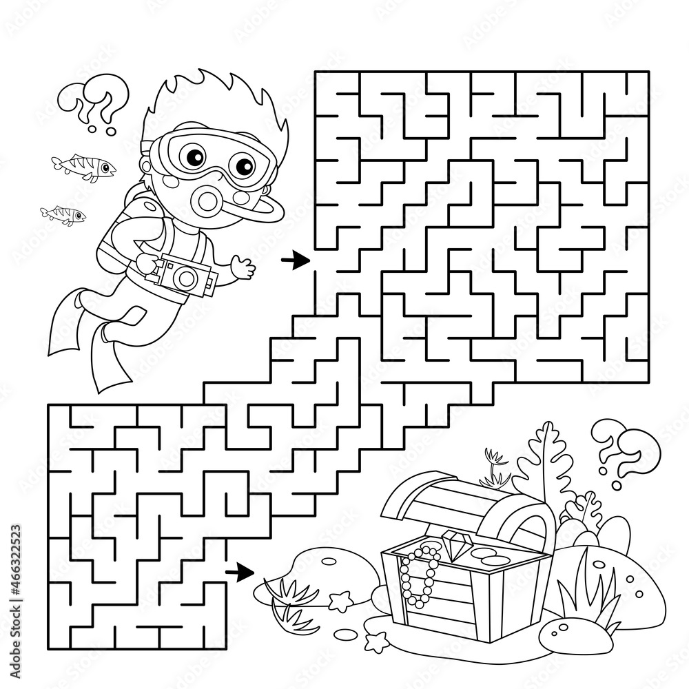 Maze or labyrinth game puzzle coloring page outline of cartoon boy scuba diver with chest of treasure marine photography or shooting underwater world coloring book for kids vector
