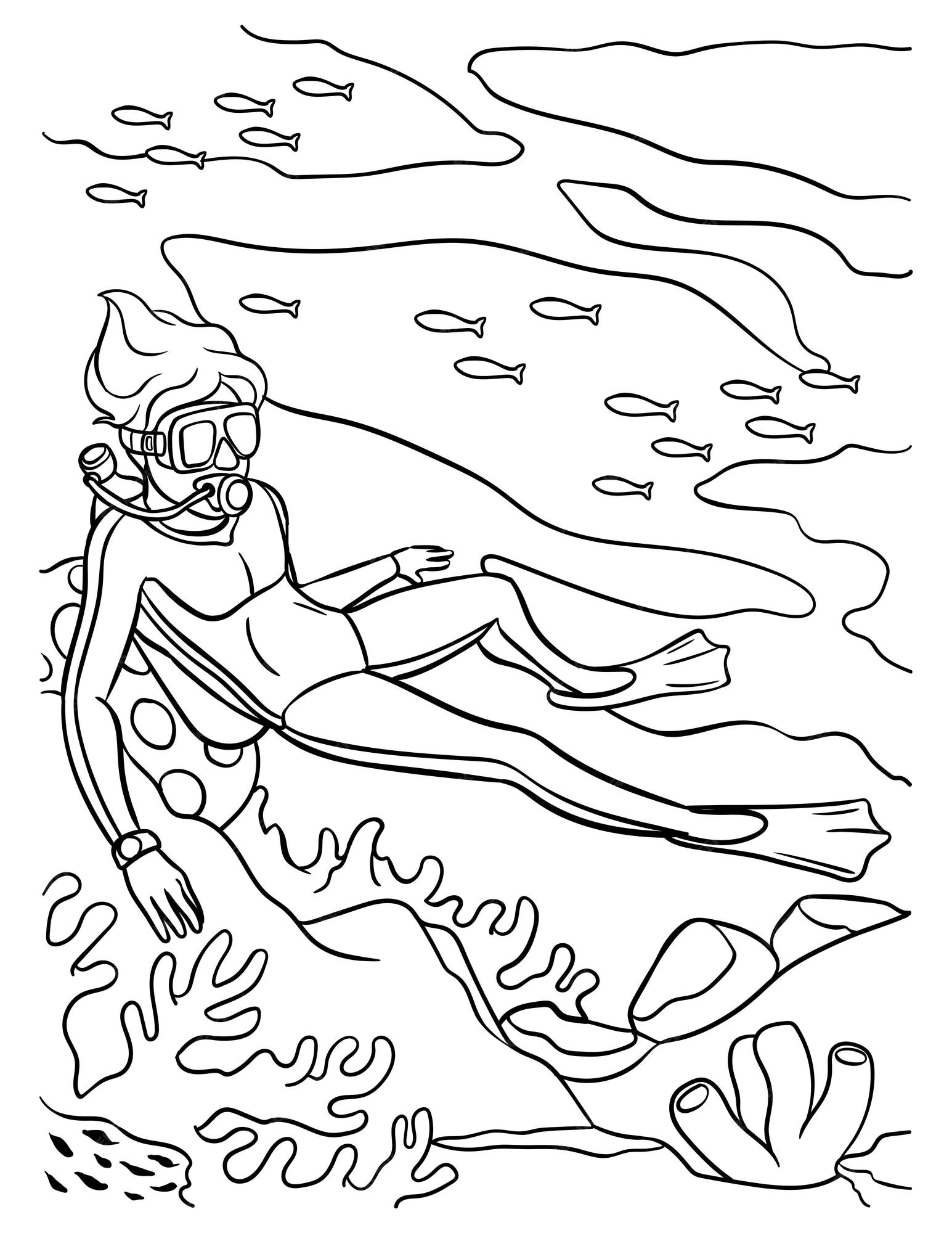 Premium vector scuba diving coloring page for kids