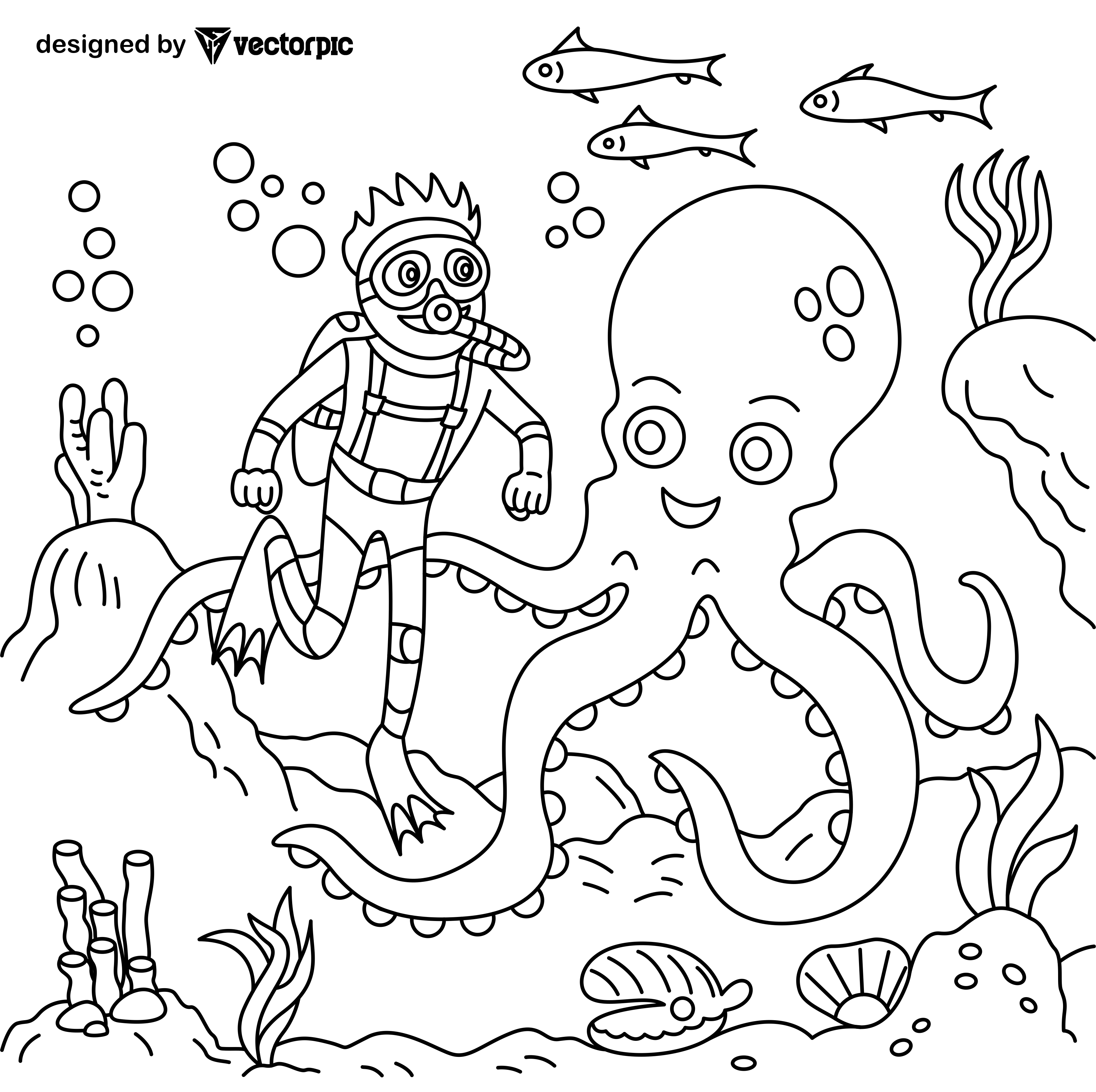 Divers and octopuses coloring pages for kids adults design free vector