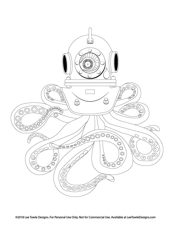 Antique scuba helmet wearing octopus coloring page