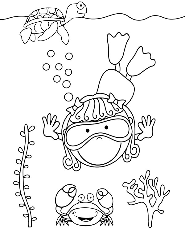 Easy coloring page diver underwater