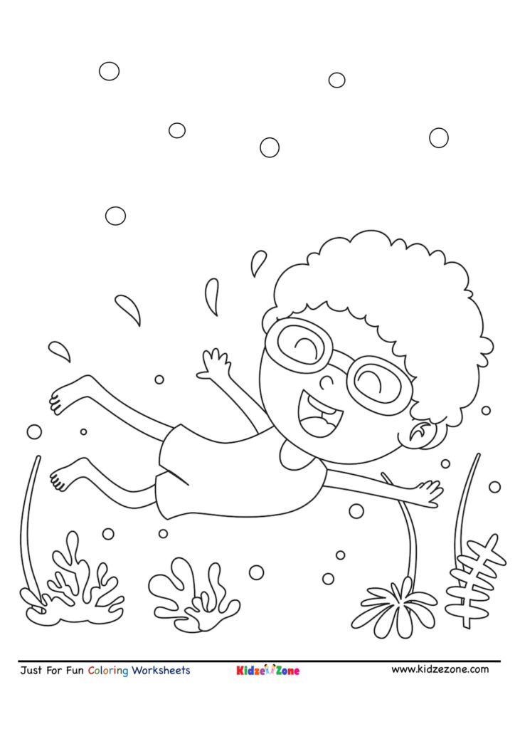 Kid scuba diving cartoon coloring page