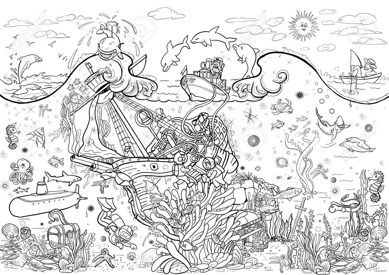 Coloring pages poster sea bottom scuba divers and wreck treasures and marine life stock photo picture and royalty free image image