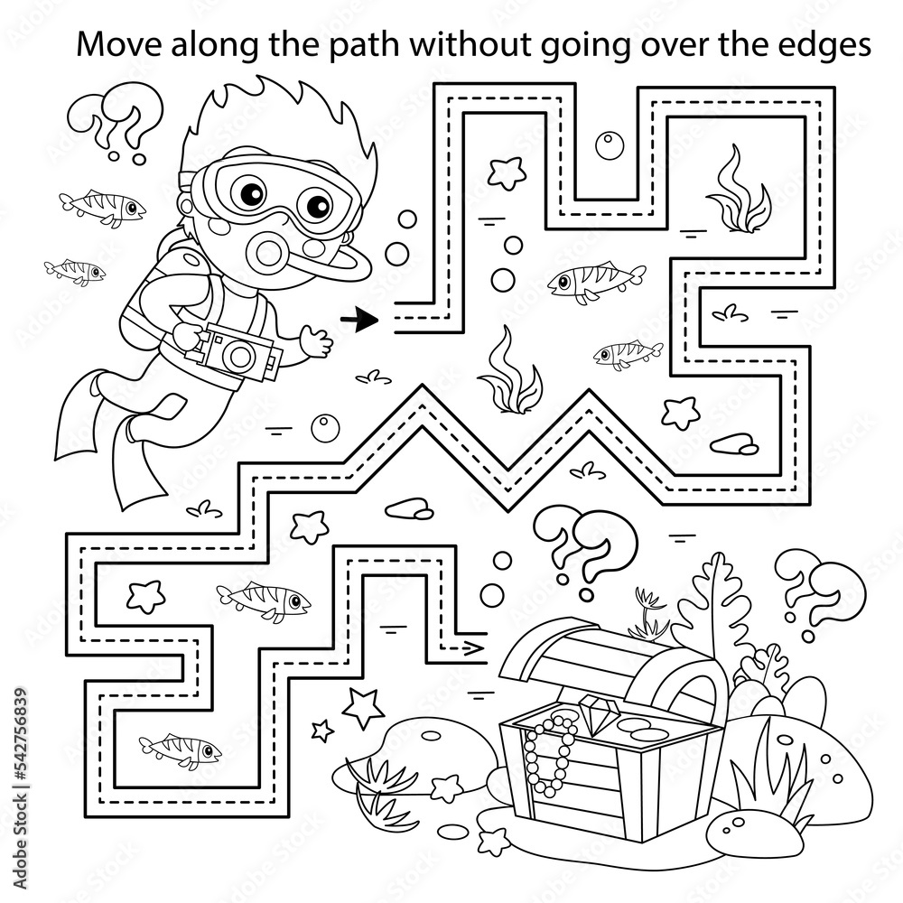 Handwriting practice sheet simple educational game or maze coloring page outline of cartoon boy scuba diver with chest of treasure underwater world coloring book for kids vector